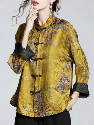 Chinese Style Stand Collar Button Up Jacquard Shirts for Women