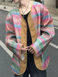 Men's Trendy Dopamine Contrast Color V Neck Button Up Jackets