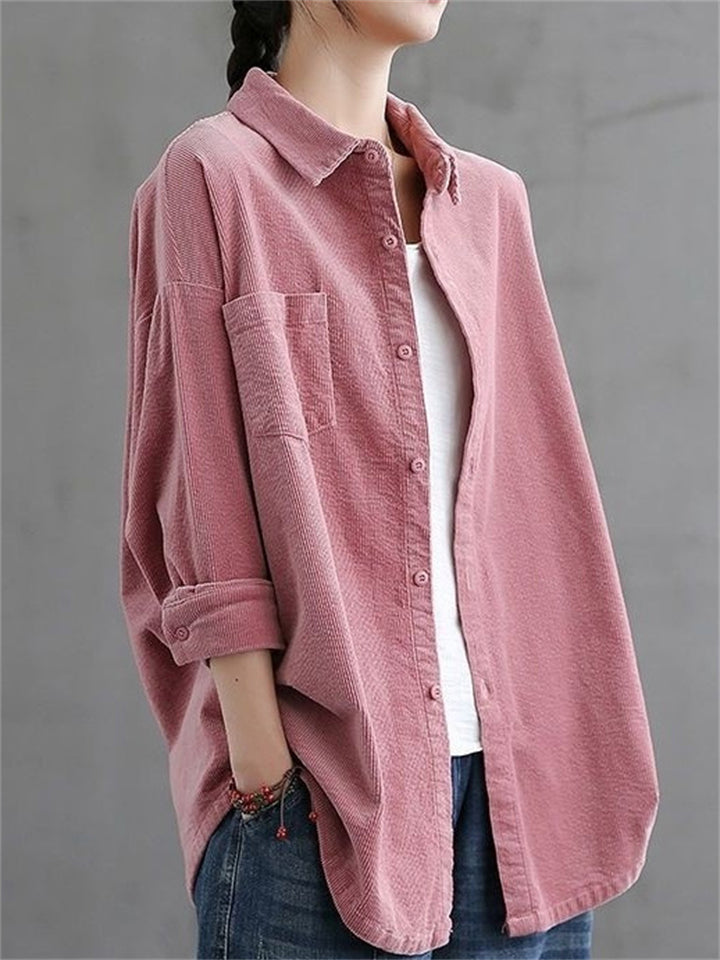 Retro Corduroy Pattern Long Sleeve Lapel Shirts for Women