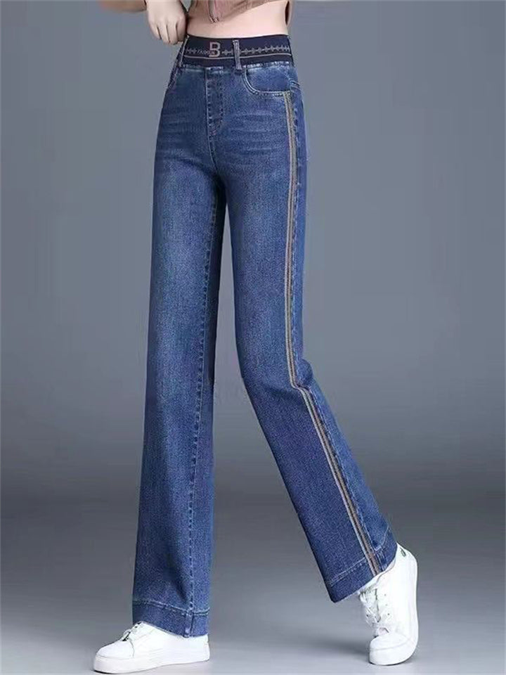 Women's High Waist Stripped Regular Fit Straight Leg Stretchy Jeans