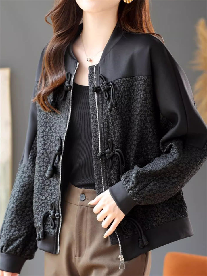 Korean Style Black Jacquard Patchwork Frog Button Jackets for Women