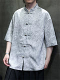 Men's Summer Cool Chinese Style Stand Collar Marble Print Half Sleeve Shirts