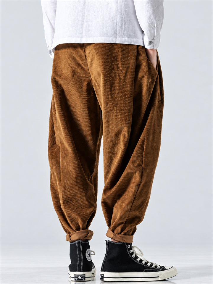 Men Corduroy Harem Pants Drawstring Baggy Tapered Trousers