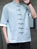 Men's Faux Suede Chinese Kung Fu Short Sleeve Frog Button Shirts