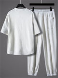 Men's 2Pcs Summer Comfy Frog Button V Neck Solid Color Outfits