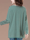 Women's Loose Cotton Stripe O-Neck Long Sleeve Shirts