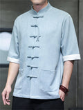 Men's Faux Suede Chinese Kung Fu Short Sleeve Frog Button Shirts