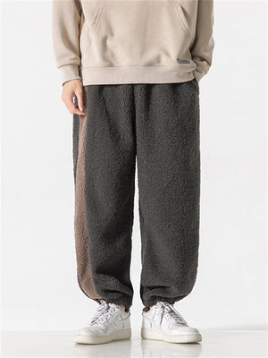 Men's Oversized Contrasting Color Ankle-tied Lamb Wool Pants