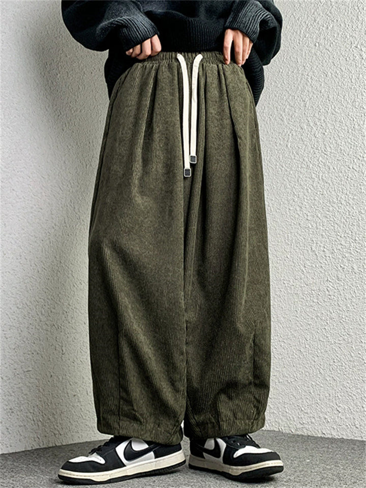 Men Autumn Vintage Corduroy Drawstring Wide Leg Joggers Baggy Pants