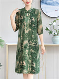 Chinese Style Green Landscape Print Cheongsam Collar Dress for Women