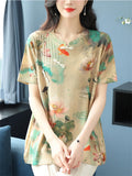 Women's Loose Print Short Sleeve Slant Placket Knit Shirts
