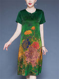 Women's Floral Print O-neck Frog Buttons Short Sleeve Satin Dress