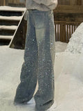 Women's Spring Rhinestone Glitter Wide Leg Flare Denim Pants