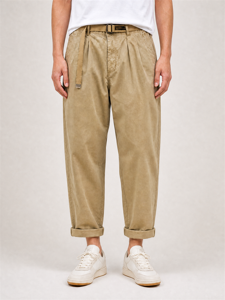 Men Autumn Japanese Style Belted Relaxed Fit Straight Leg Pants