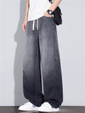 Men Summer Lyocell Wash Wide Leg Baggy Jeans Elastic Waist Denim