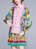 Women's 2Pcs Contrast Color Print Lapel Shirt & Pleated Skirt Set