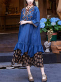 Women's V-neck Ethnic Floral Embroidery Patchwork Ruffled Denim Dress