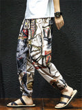Men's Cotton Linen Print Drawstring Jogger Pants