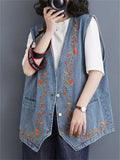 Women's Floral Embroidery Sleeveless V-Neck Denim Jacket