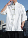Men's Chinese-style Stand Collar Half Sleeve Bamboo Jacquard Shirt