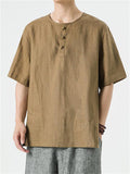 Chinese Style Comfy Solid Color Linen Short Sleeve Shirt