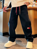 Men's Fleece-Lined Heart Embroidered Regular Fit Sweat Pants