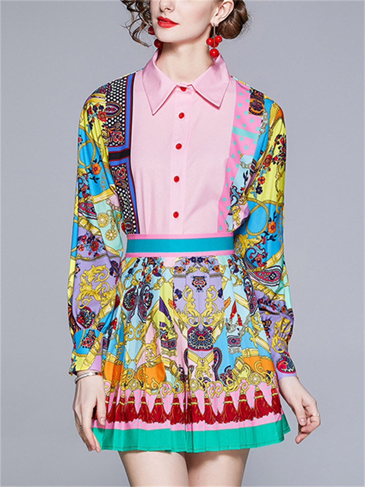 Women's 2Pcs Contrast Color Print Lapel Shirt & Pleated Skirt Set
