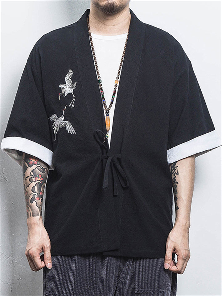 Men's Chinese Zen Style Crane Embroidery Cardigan Shirt