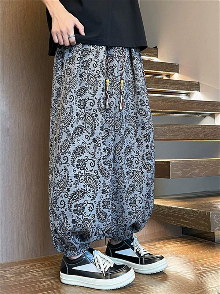 Male's Ethnic Style Plants Printed Cool Drape Wide Leg Pants