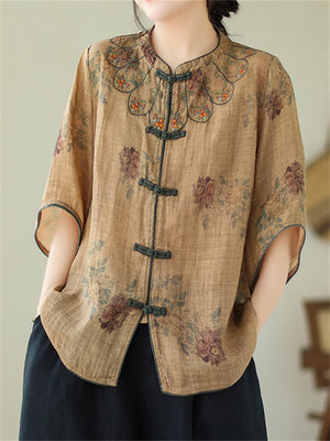 Comfy Chinese Style Summer Female O-Neck Ramie Shirt