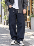 Men Japanese Style Baggy Jeans Wide Leg Loose Fit Drawstring Denim Pants
