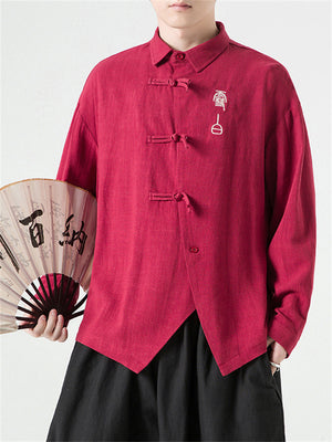 Men's Vintage Hanzi Embroidery Button Irregular Hem Shirt