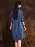 Ethnic Style Embroidery Women's V Neck Puff Sleeve Denim Dress