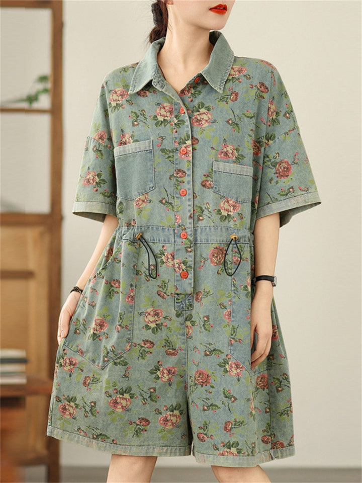 Women's Floral Print Pockets Overall Short Sleeve Denim Jumpsuits
