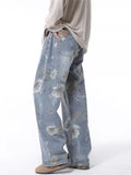 High Street Flowers Print Wide Leg Straight Denim Pants for Men
