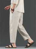 Men's Simple Chinese Style Solid Color Linen Straight Cropped Pants