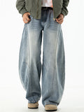 Men Vintage Baggy Curved Leg Loose Fit Washed Denim Jeans