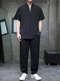 Men's 2Pcs Summer Zen Style Stand Collar Short Sleeve Solid Color Outfits