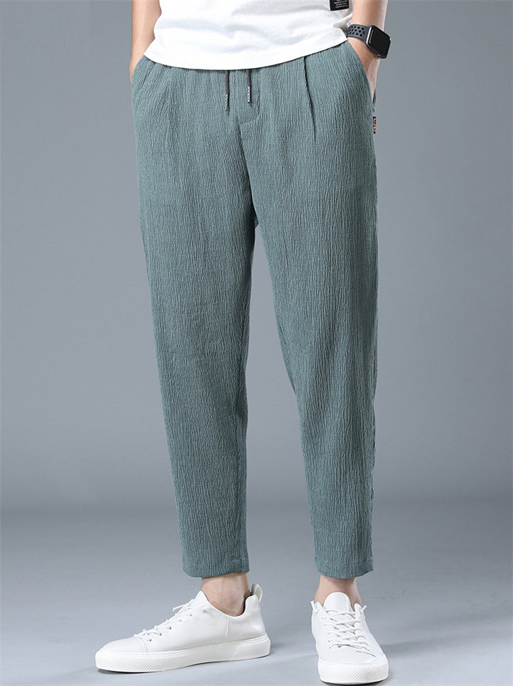 Men's Summer Solid Color Cool Drawstring Cropped Pants