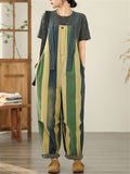 Women's Contrast Color Stripe Overall Denim Cropped Jumpsuits