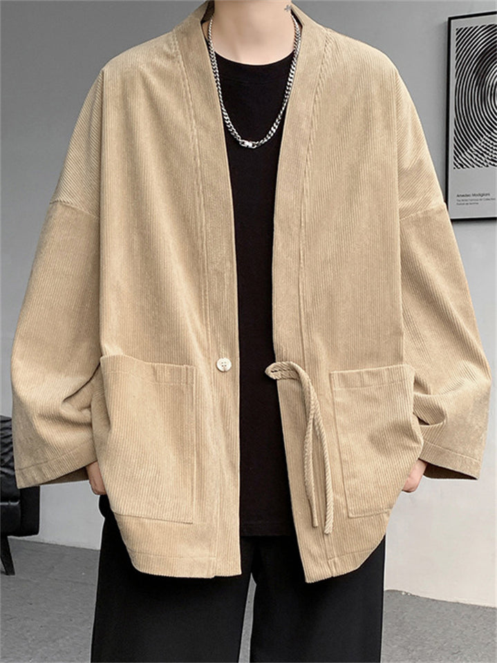 Retro Men's Solid Color Loose Corduroy Textured Pockets Jackets