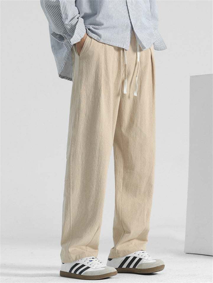 Men's Summer Cotton Elastic Waist Wide Leg Straight Pants
