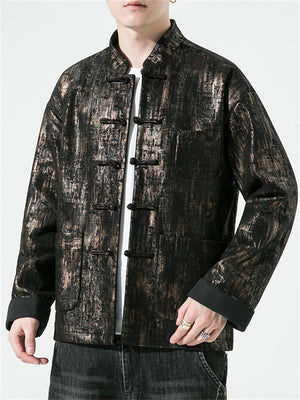 Men's Chinese Style Knot Button Stand Collar Patch Pockets Jacket