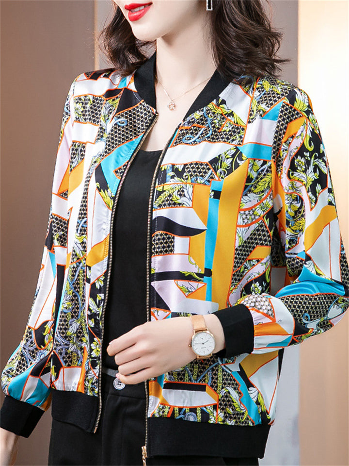 Retro Women's Print Baseball Collar Cardigan Jacket