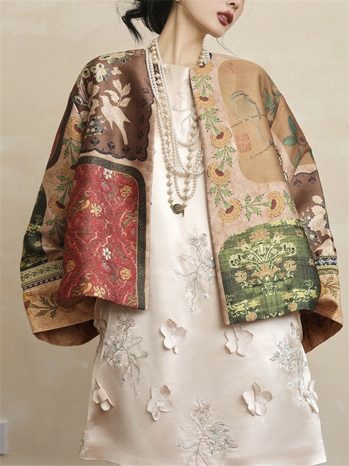Fashion Chinese Style Floral Printed Silk Jackets for Women