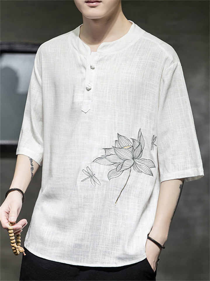 Summer Men's Linen Lotus Embroidery Half Sleeve Shirts