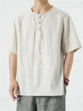 Chinese Style Comfy Solid Color Linen Short Sleeve Shirt