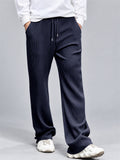Men Jacquard Striped Pants Drawstring Elastic Waist Loose Fit Trousers