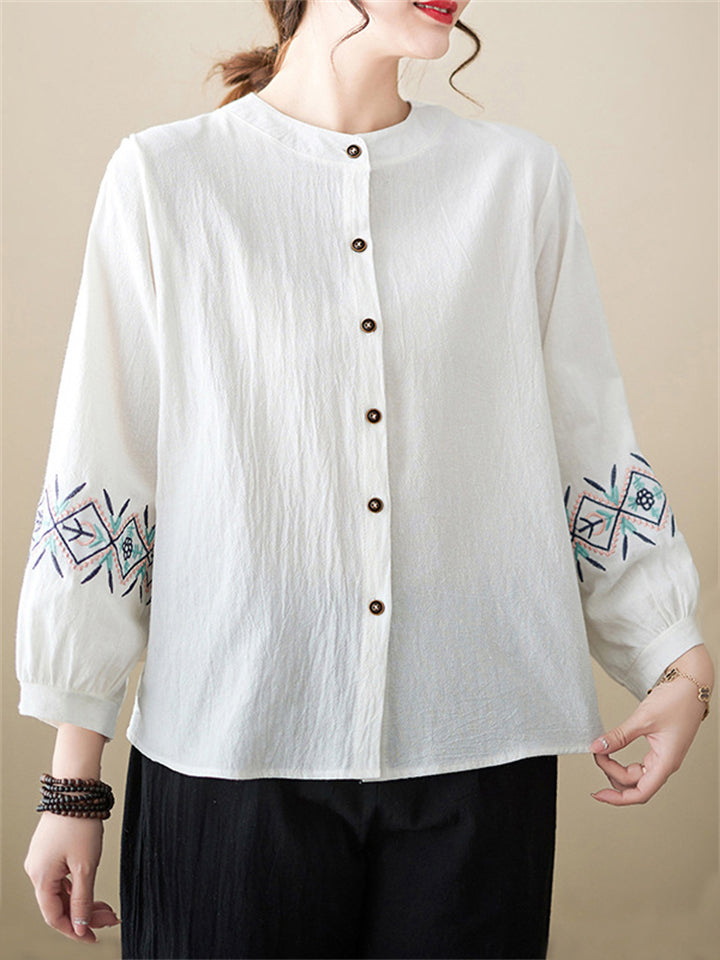 Women's Ethnic Embroideried Lantern Sleeve Stand Collor Button Linen Shirt