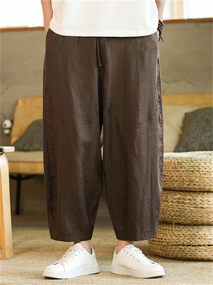 Men's Summer Vintage Casual Linen Drawstring Wide Leg Cropped Pants